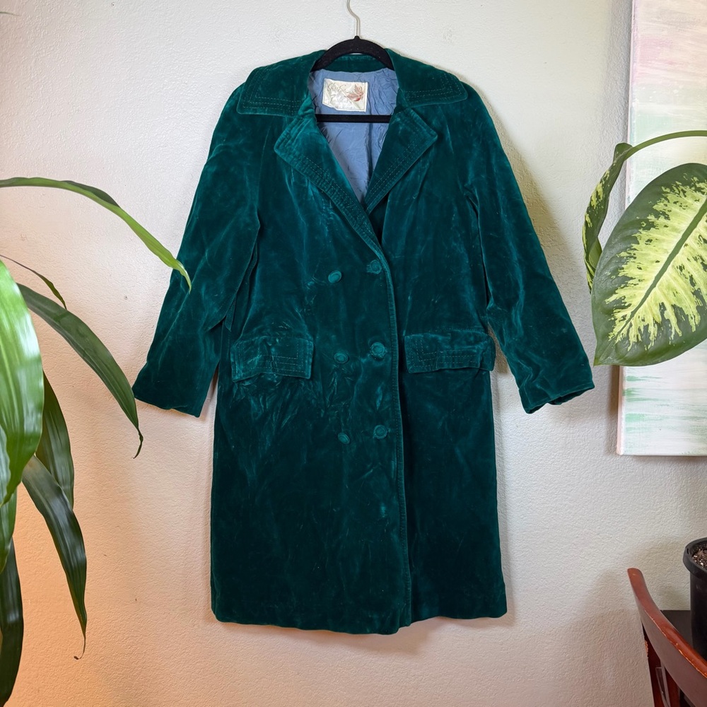 Vintage Velvet Green Double Breasted Romantic Two Front Pockets Bohemian Coat M